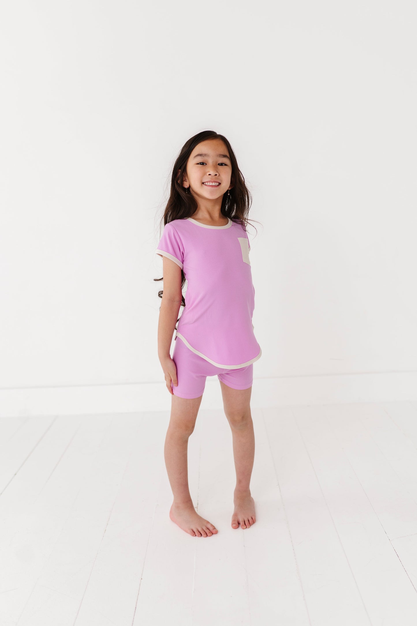 LAVENDERT-T-SHIRT DRESS + SHORTS RIB SET