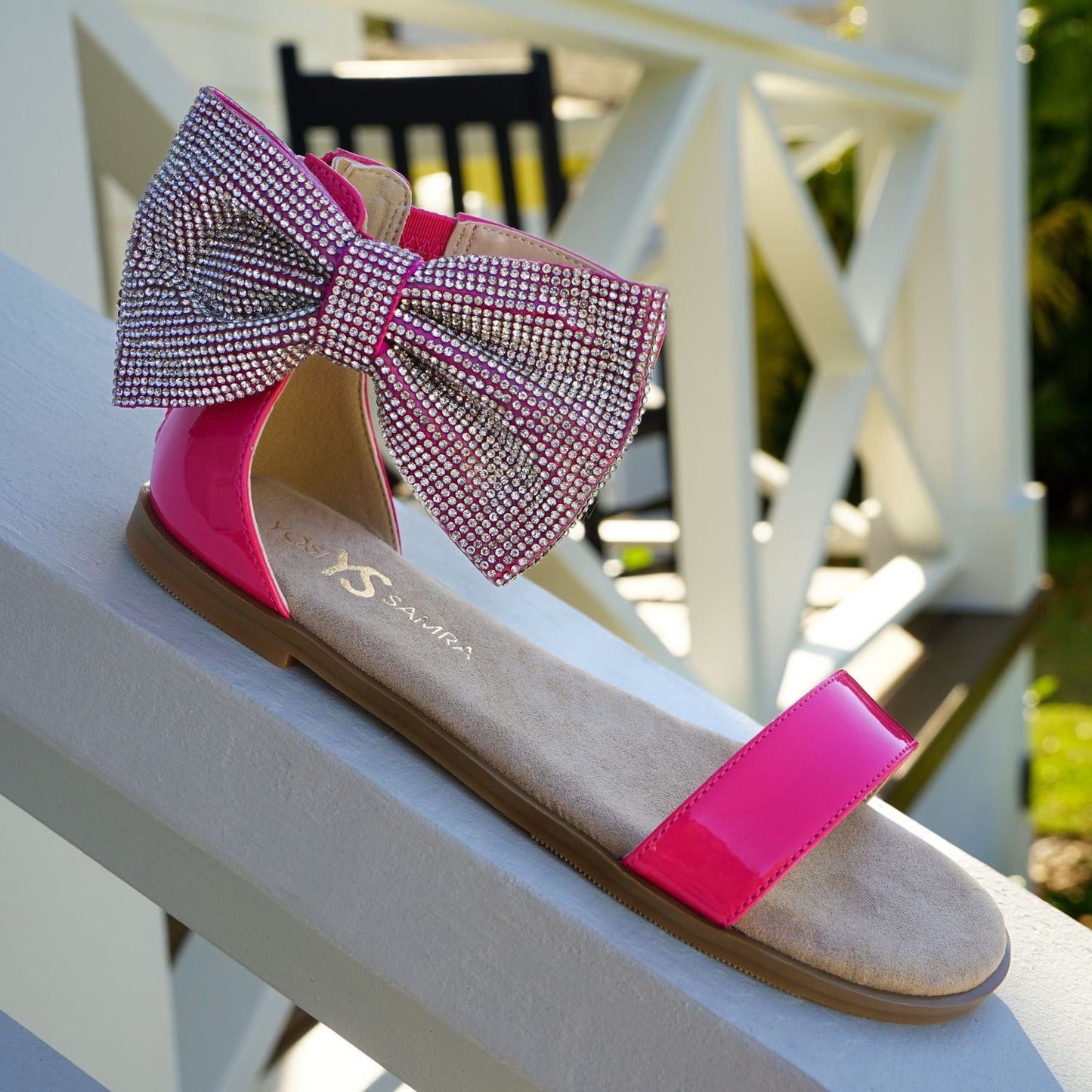 Crystal Bow Sandal in Hot Pink Patent