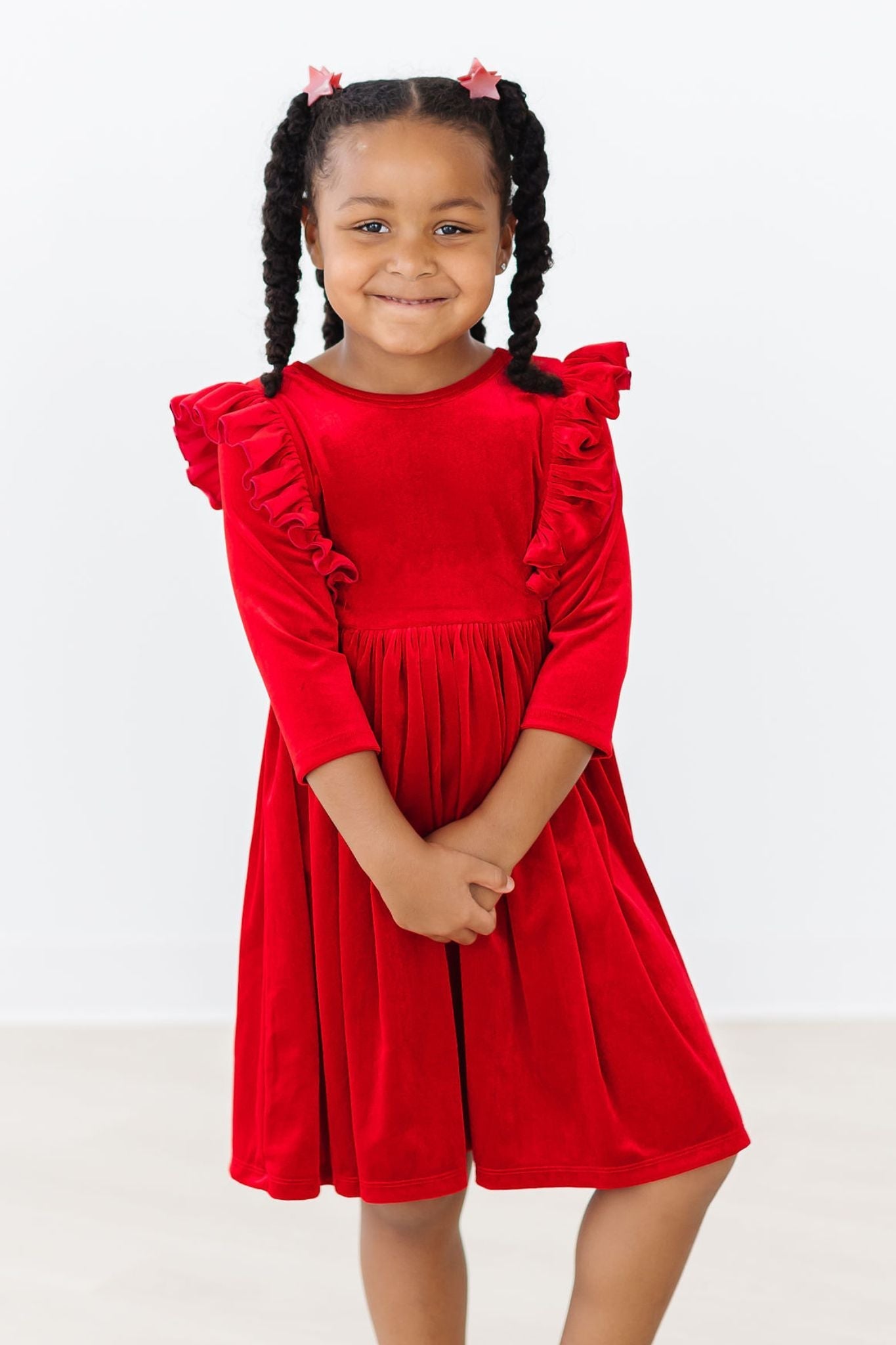 RED VELVET RUFFLE TWIRL DRESS