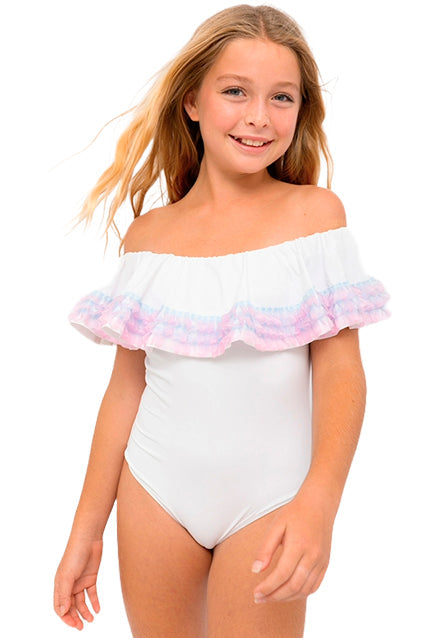 WHITE RUFFLE SWIMSUIT WITH ANEMONE