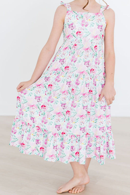 WATERCOLOR FLORAL RUFFLE MAXI DRESS