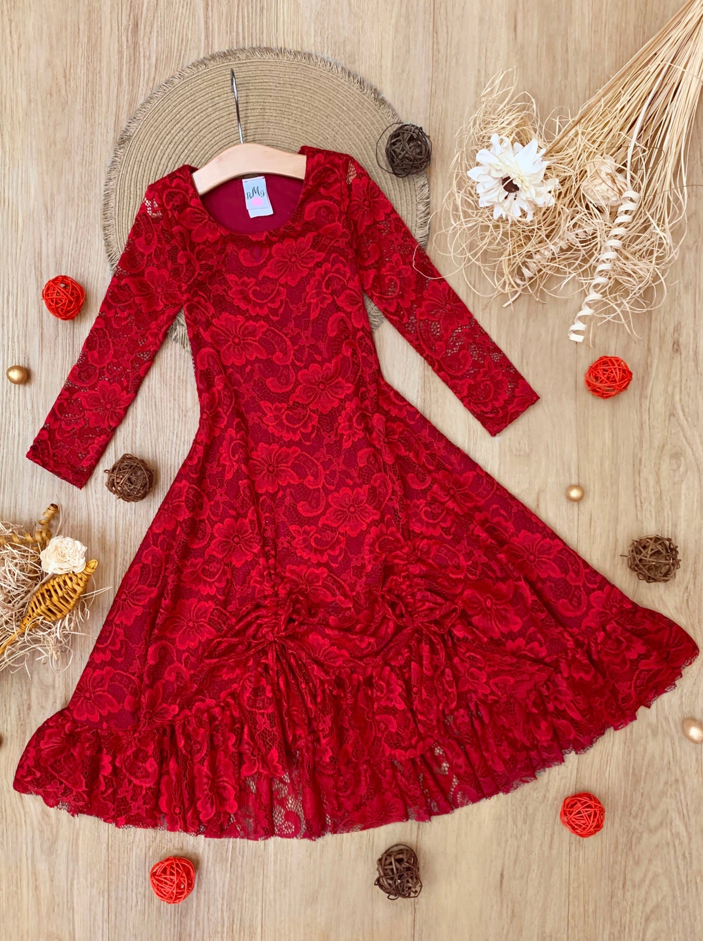 RED HI-LO DRAWSTRING LACE RUFFLE DRESS