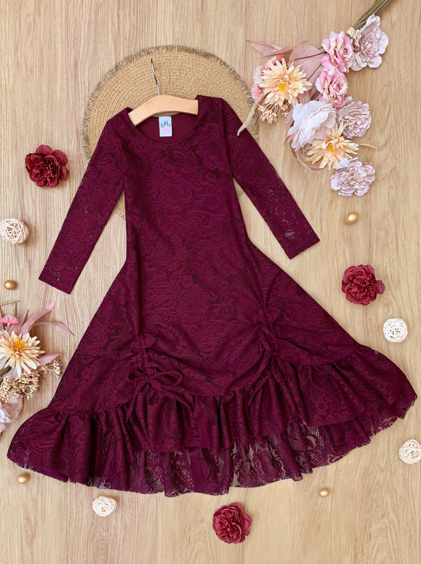 BURGUNDY HI-LO LACE DRESS