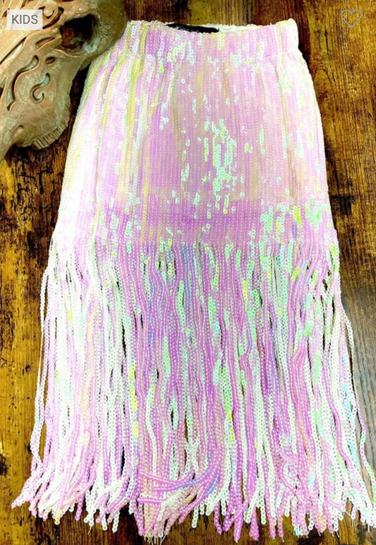 IRIDESCENT SEQUIN FRINGE HEM MIDI SKIRT