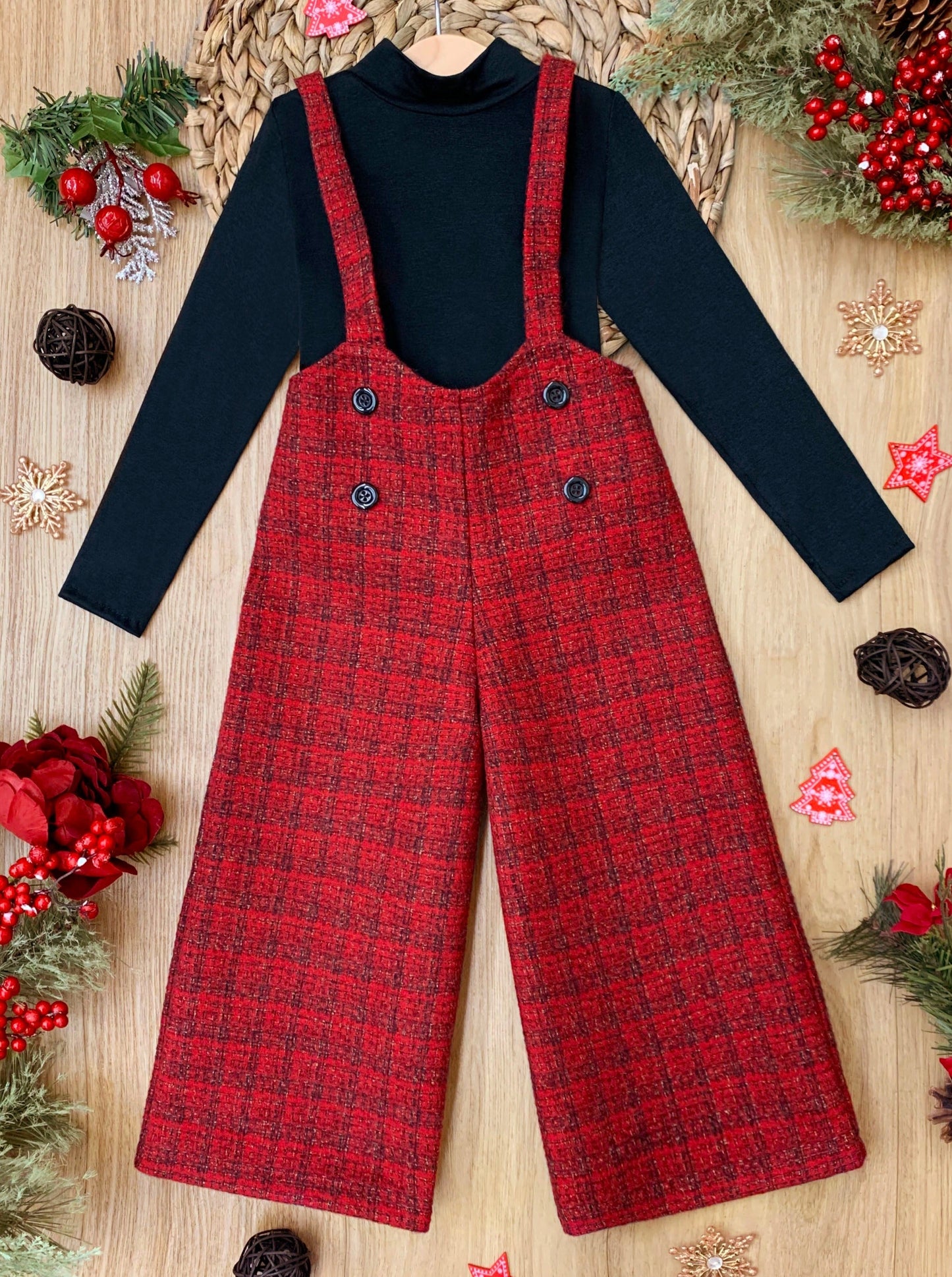 COZY TURTLENECK TOP AND FLANNEL OVERALLS SET