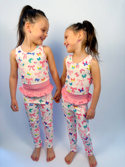 Bow and Butterfly Print Pant and Tank Athletic Set