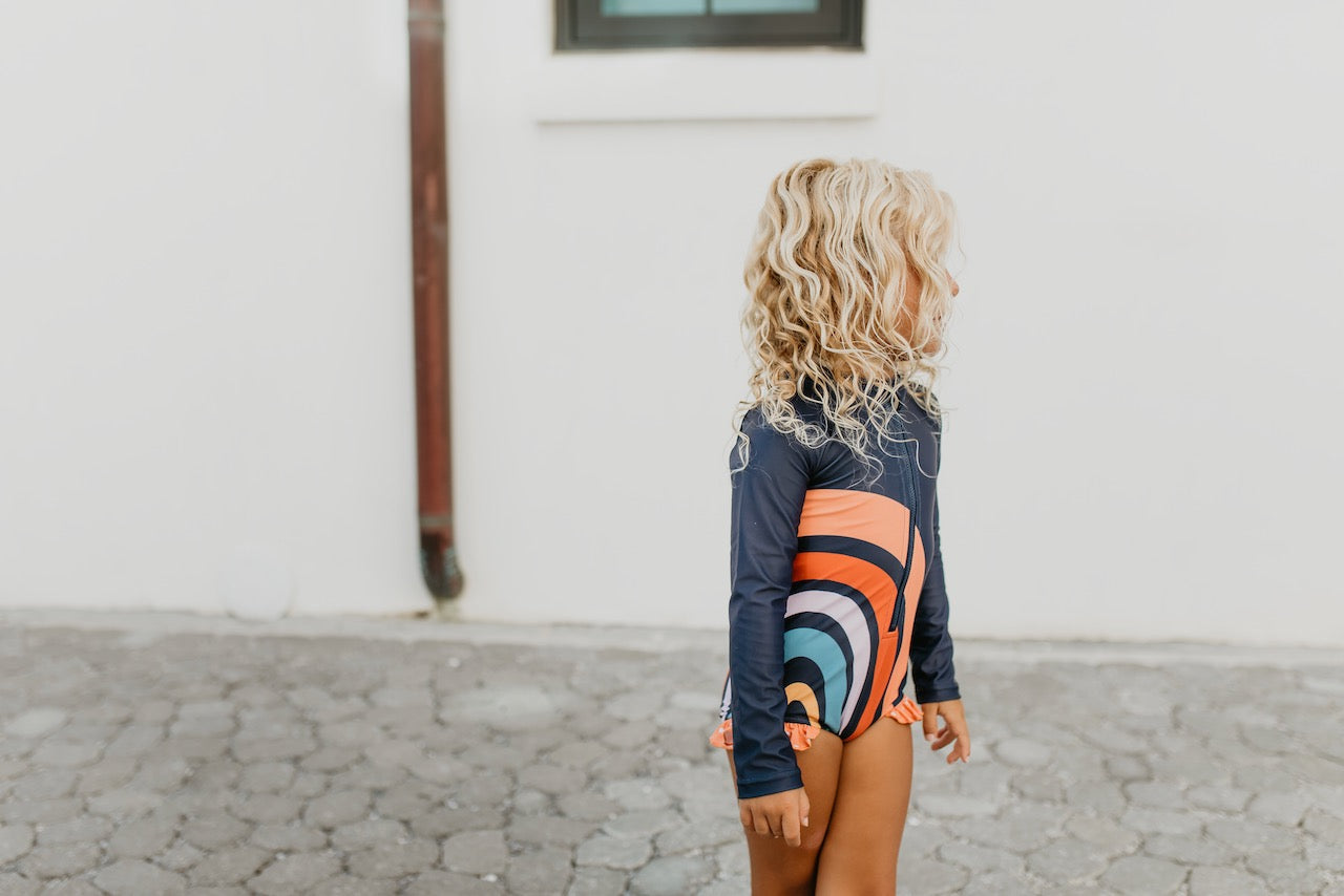 RAINBOW NAVY ZIP RASH GUARD SWIMSUIT