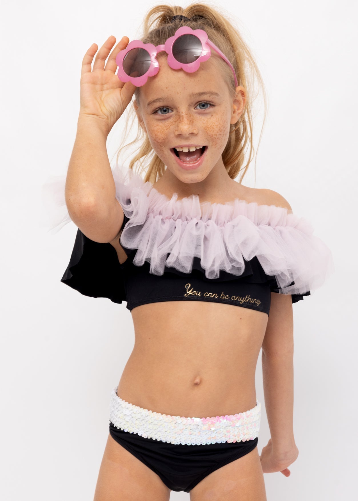 "YOU CAN BE ANYTHING" BLACK BIKINI WITH PINK TULLE AND SEQUIN BELT