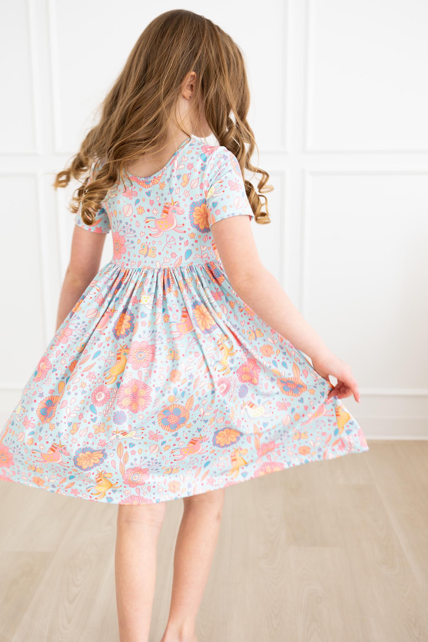 BLUE RETRO UNICORNS POCKET TWIRL DRESS