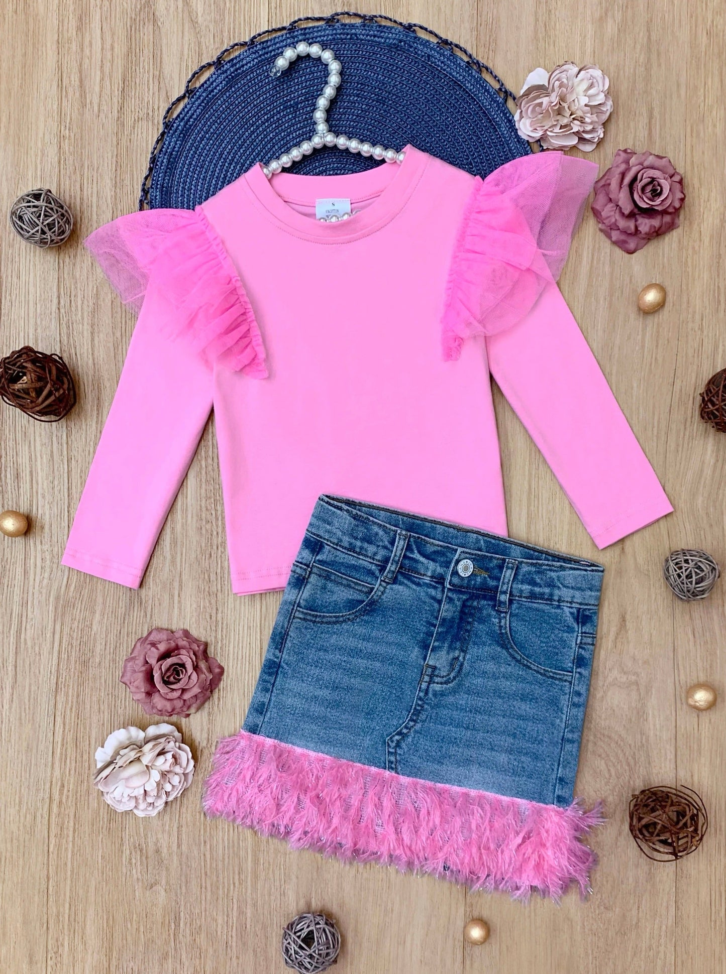 PINK RUFFLE TOP AND FEATHER TRIM DENIM SKIRT SET