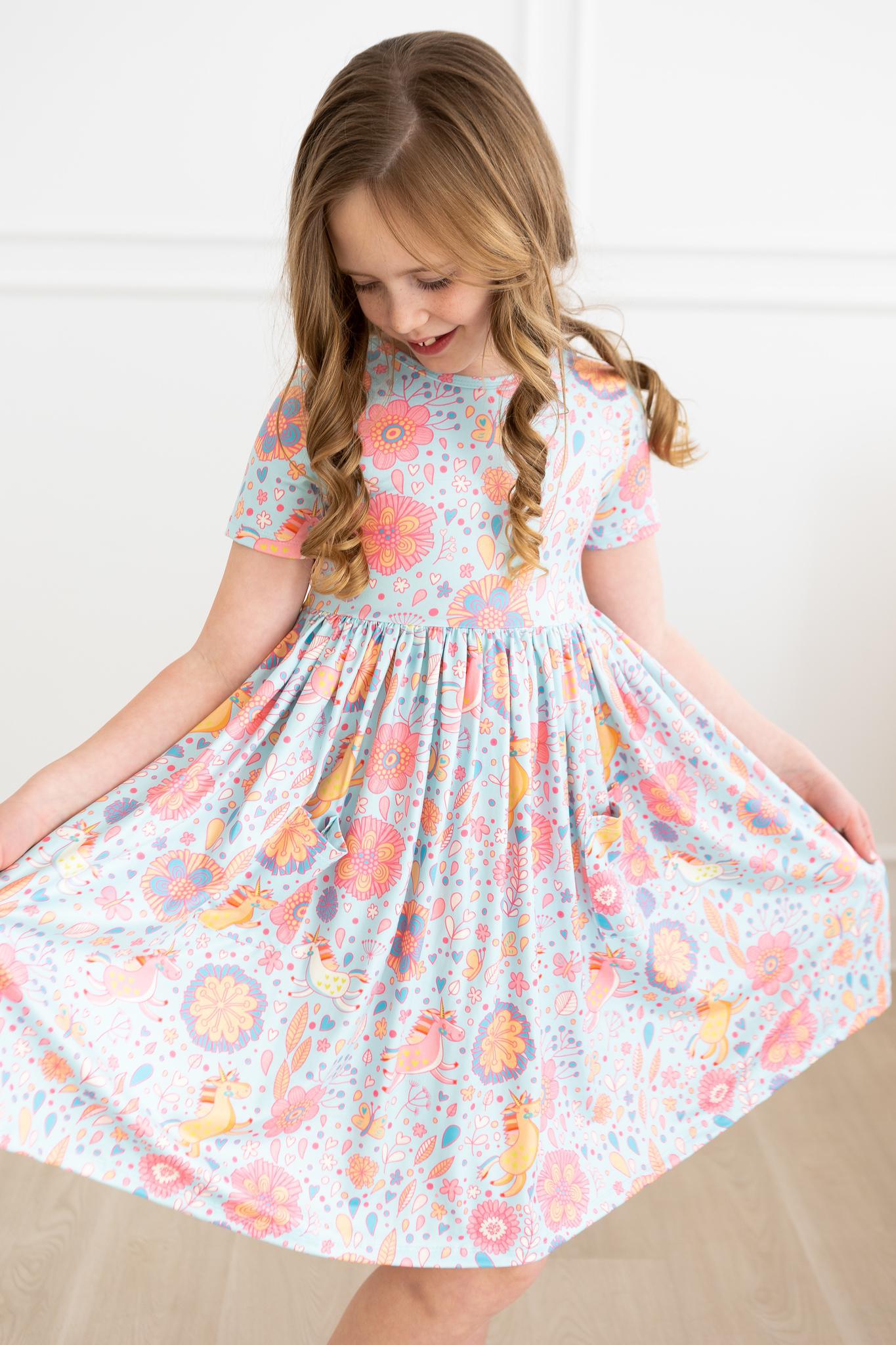 BLUE RETRO UNICORNS POCKET TWIRL DRESS