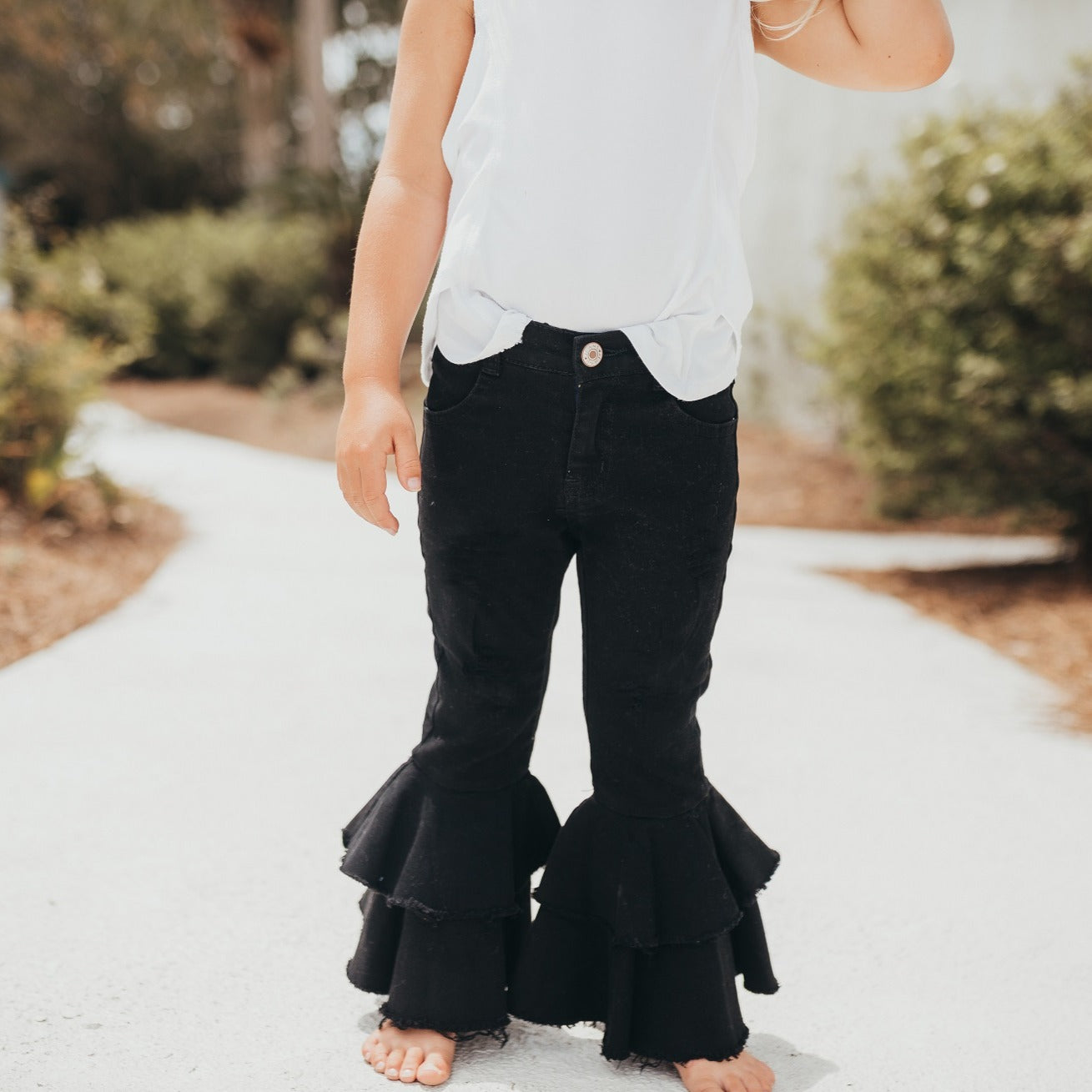 BLACK DENIM DOUBLE RUFFLE PANT