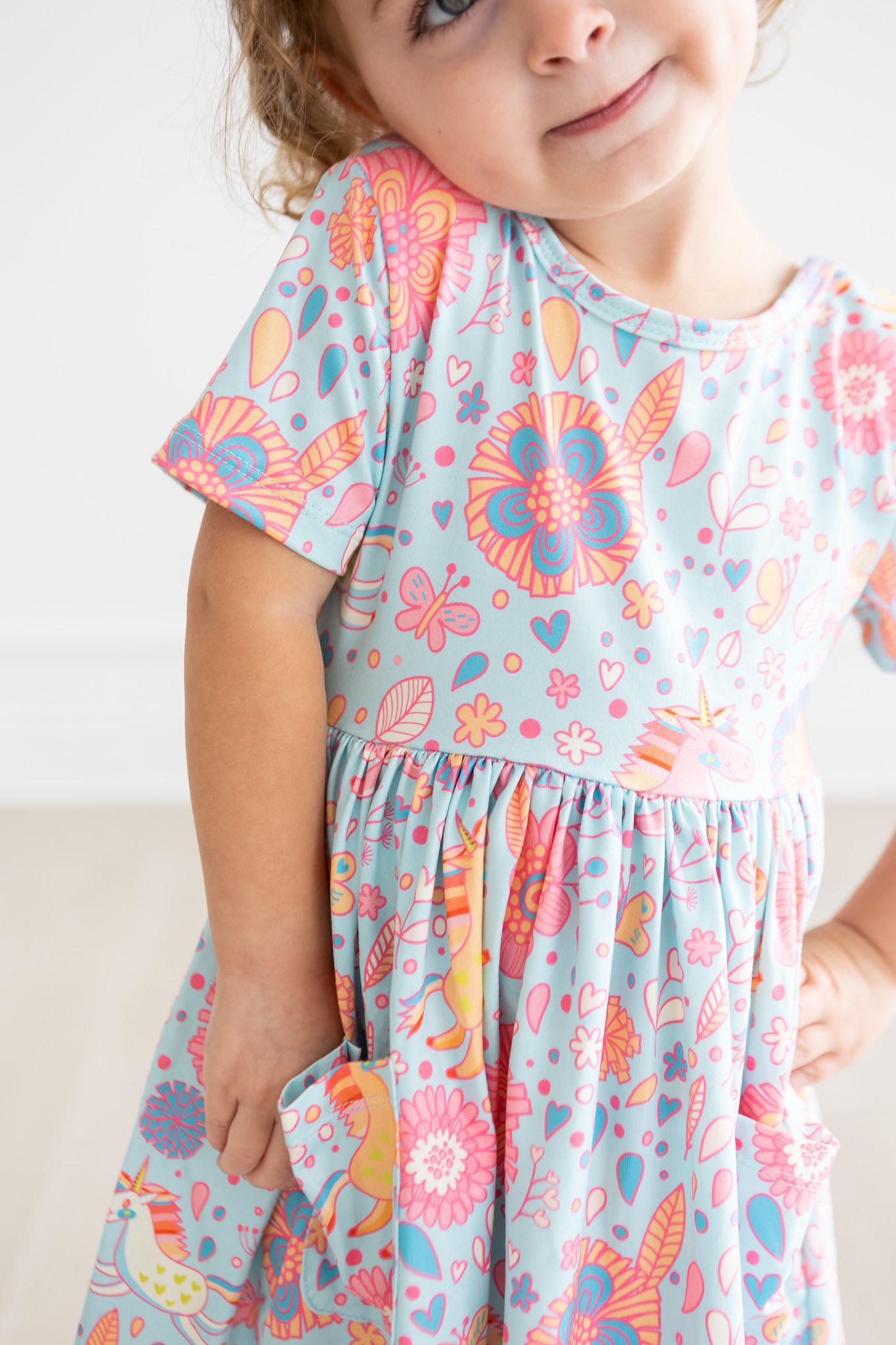 BLUE RETRO UNICORNS POCKET TWIRL DRESS