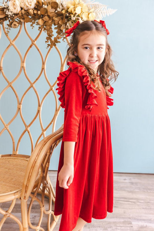 RED VELVET RUFFLE TWIRL DRESS