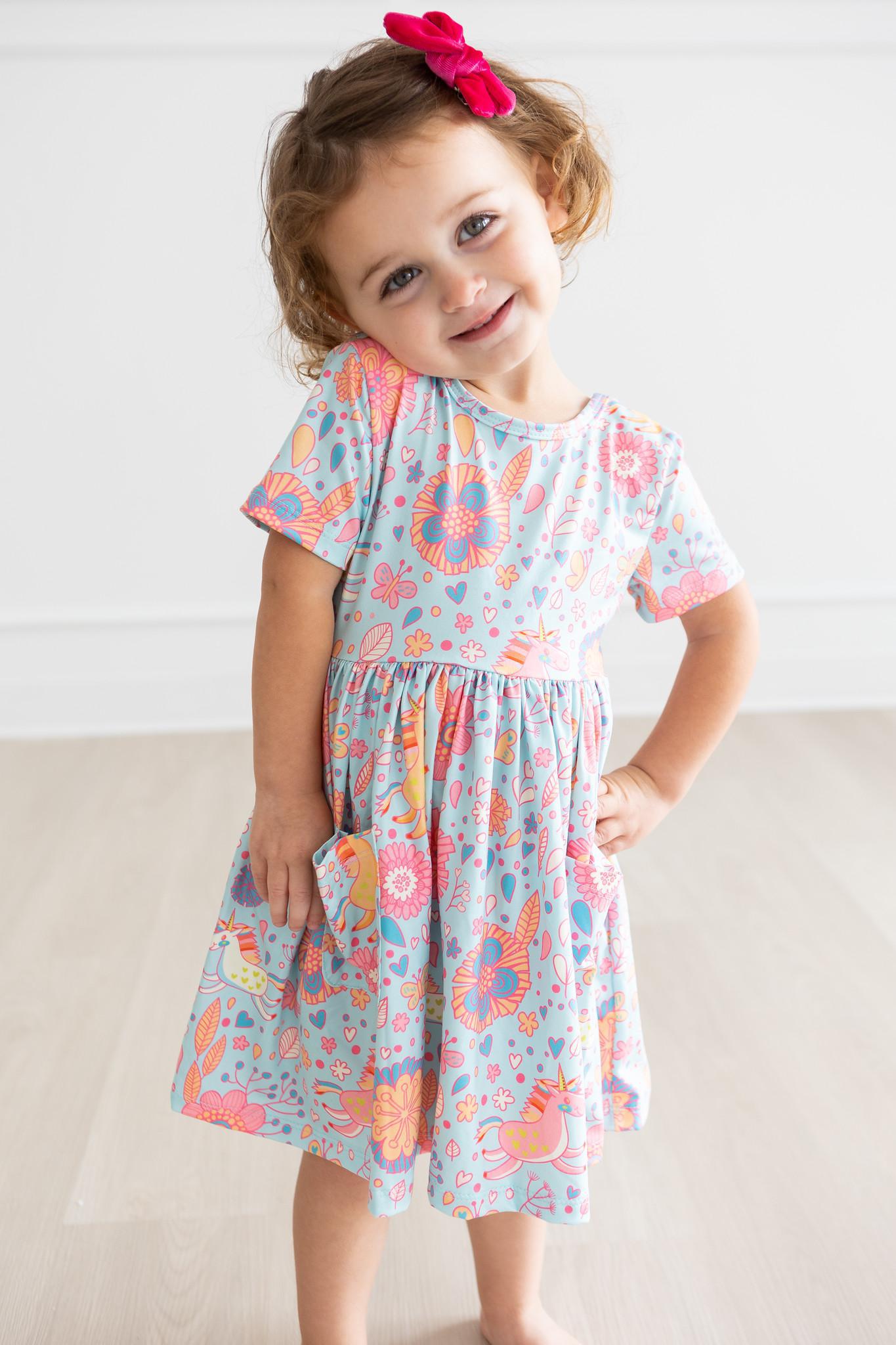 BLUE RETRO UNICORNS POCKET TWIRL DRESS