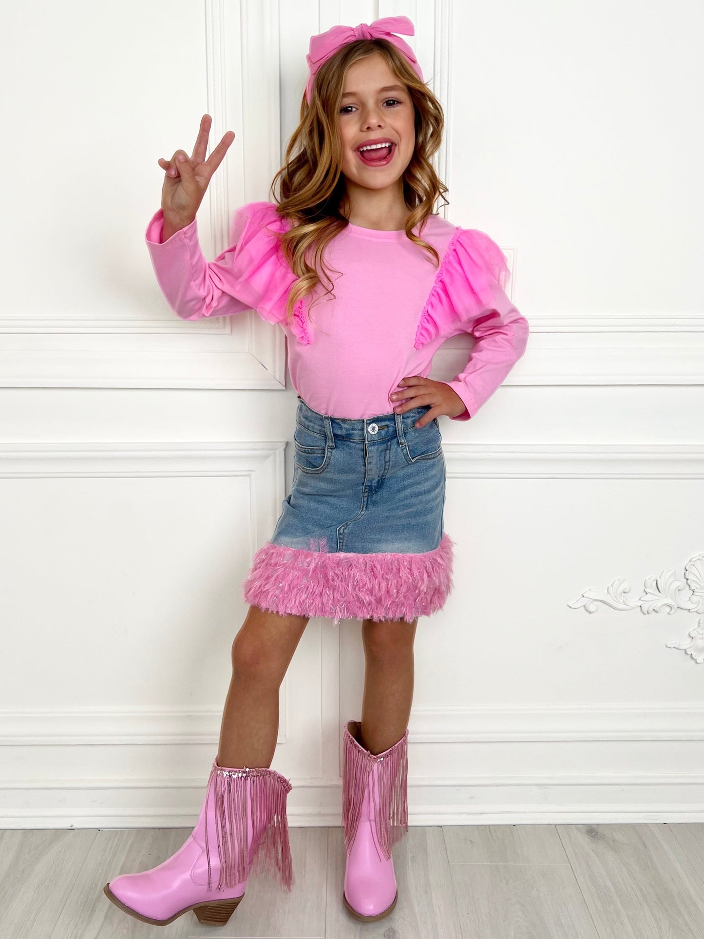 PINK RUFFLE TOP AND FEATHER TRIM DENIM SKIRT SET