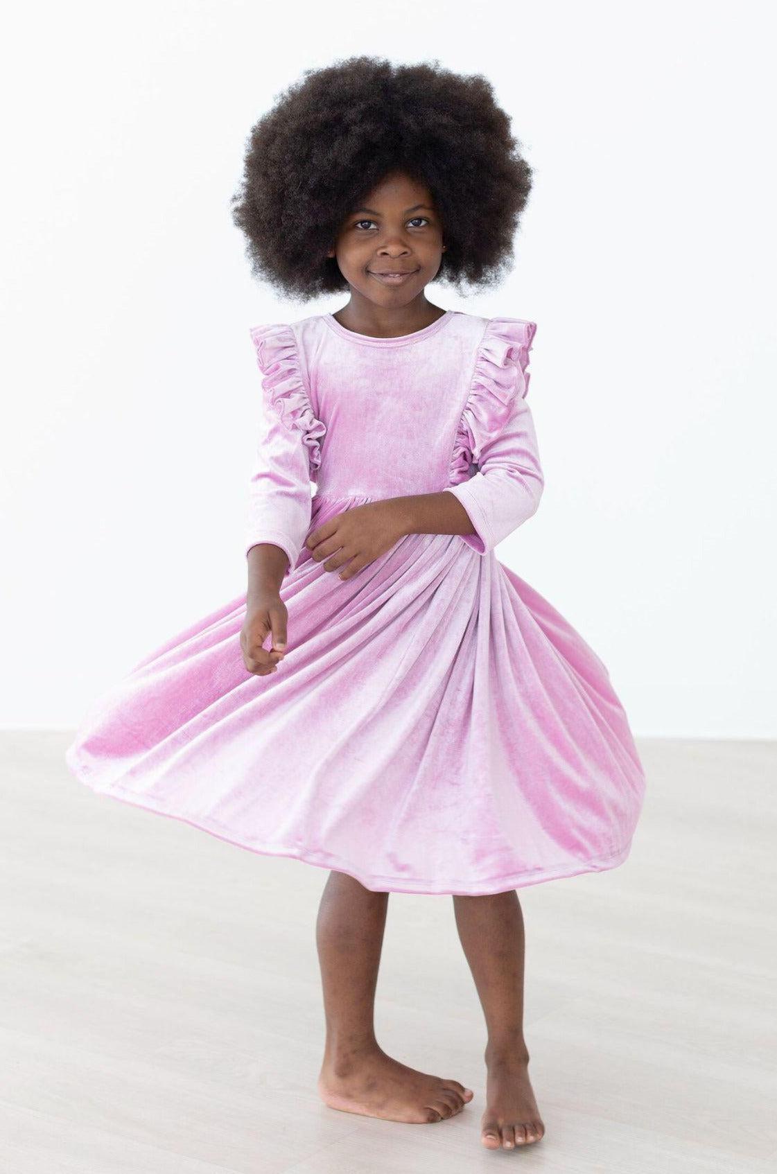 CARNATION PINK VELVET RUFFLE TWIRL DRESS