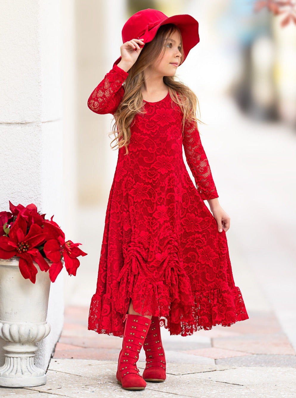 RED HI-LO DRAWSTRING LACE RUFFLE DRESS