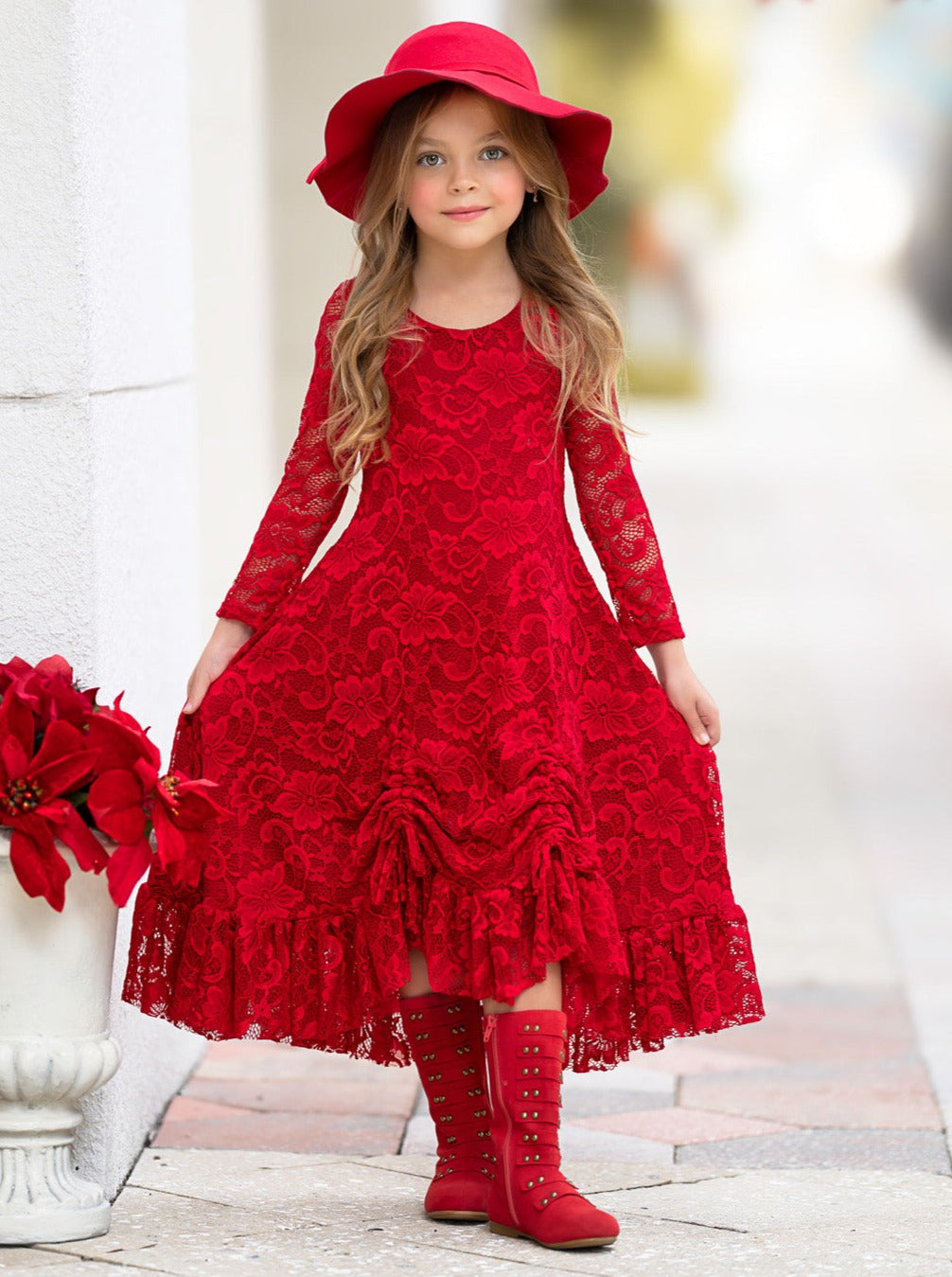 RED HI-LO DRAWSTRING LACE RUFFLE DRESS