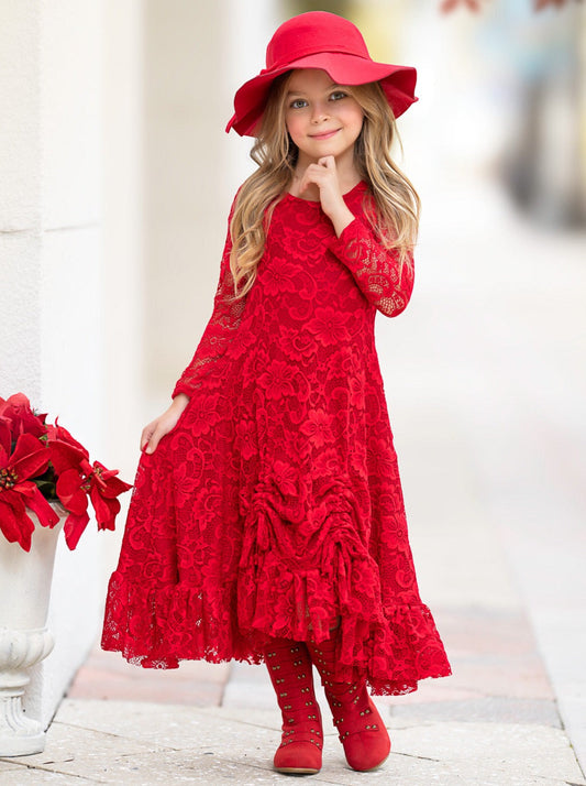 RED HI-LO DRAWSTRING LACE RUFFLE DRESS