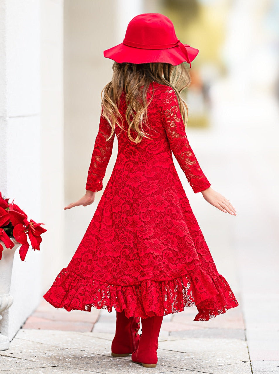 RED HI-LO DRAWSTRING LACE RUFFLE DRESS