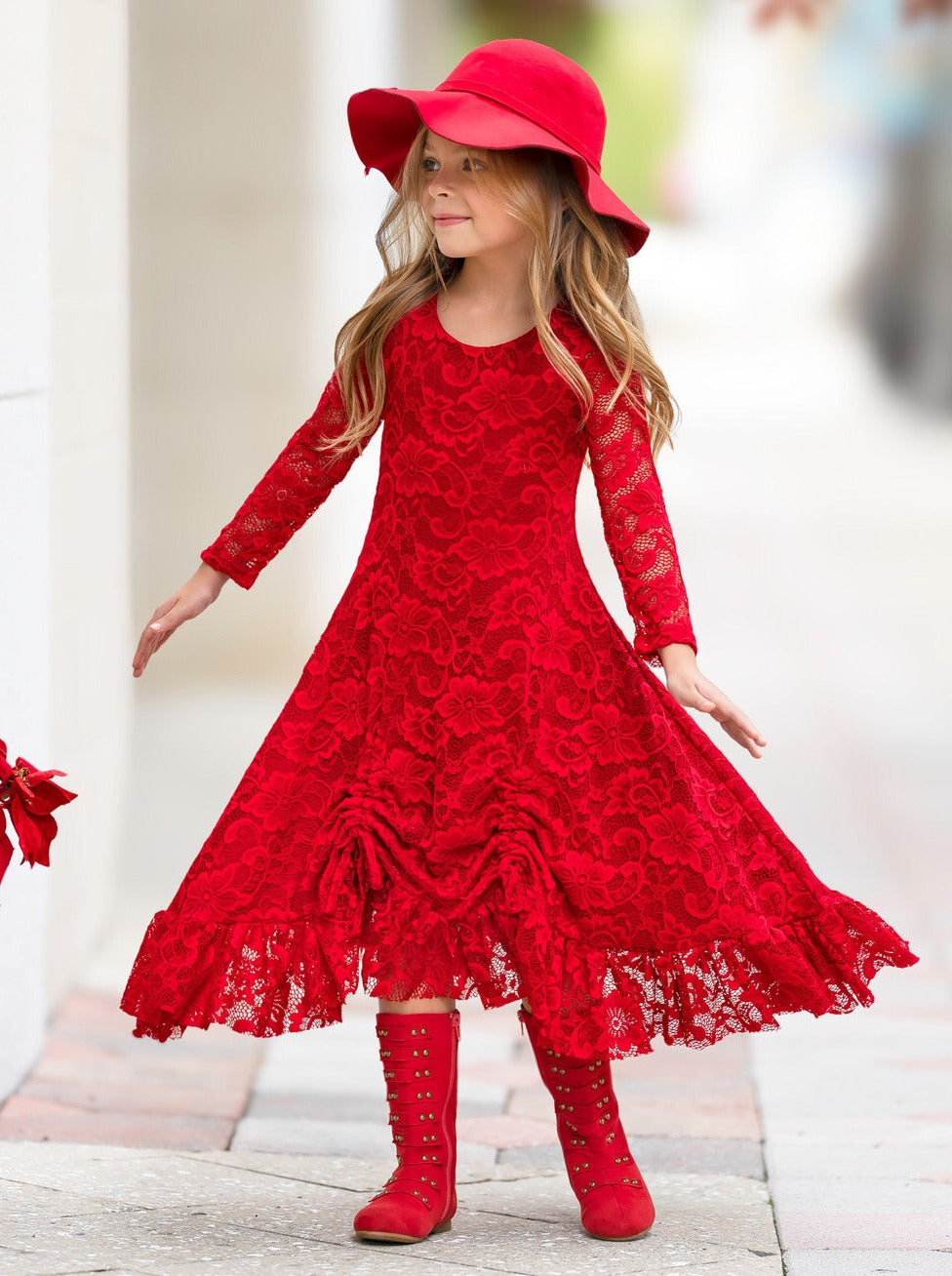 RED HI-LO DRAWSTRING LACE RUFFLE DRESS