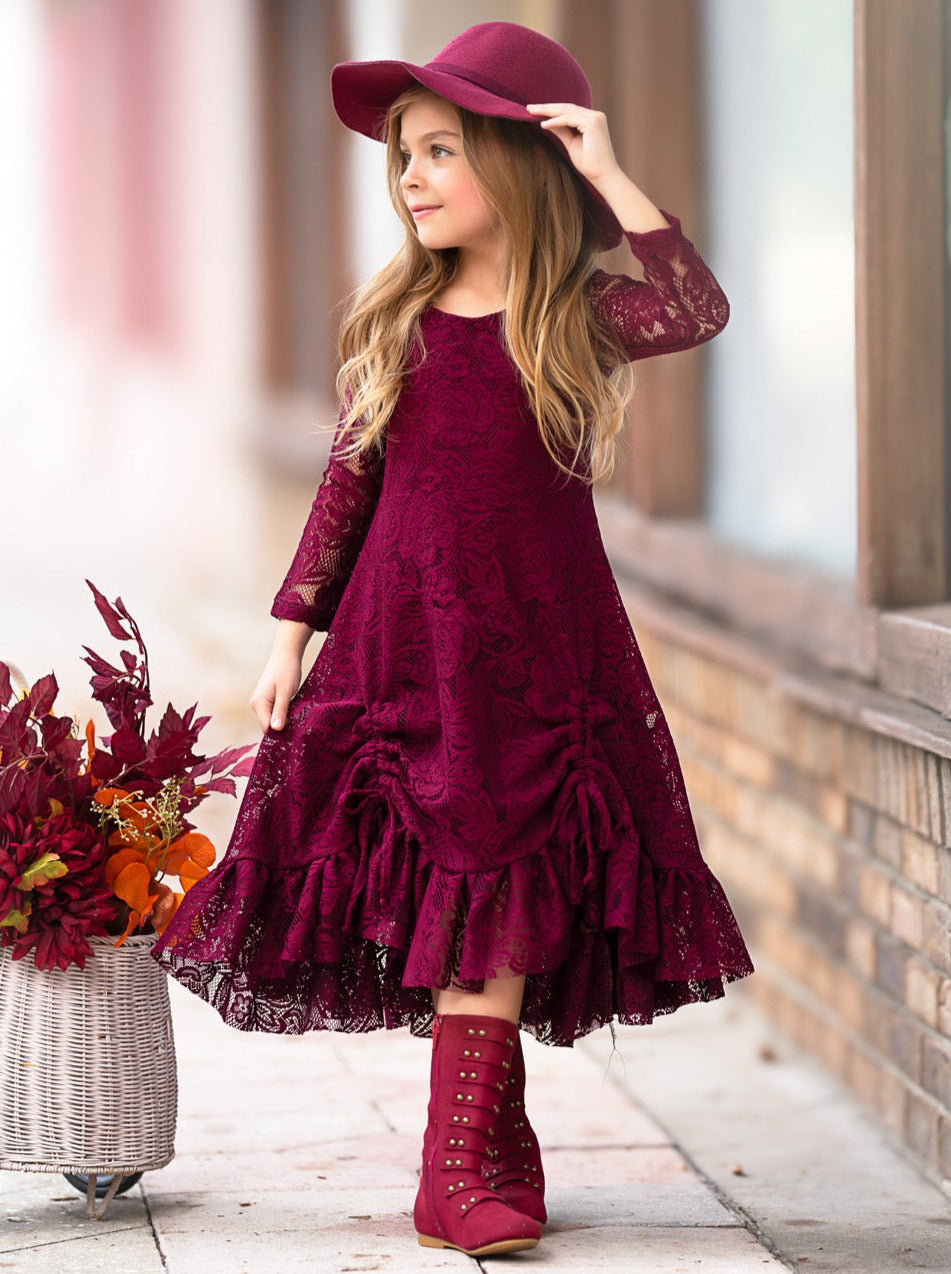 BURGUNDY HI-LO LACE DRESS