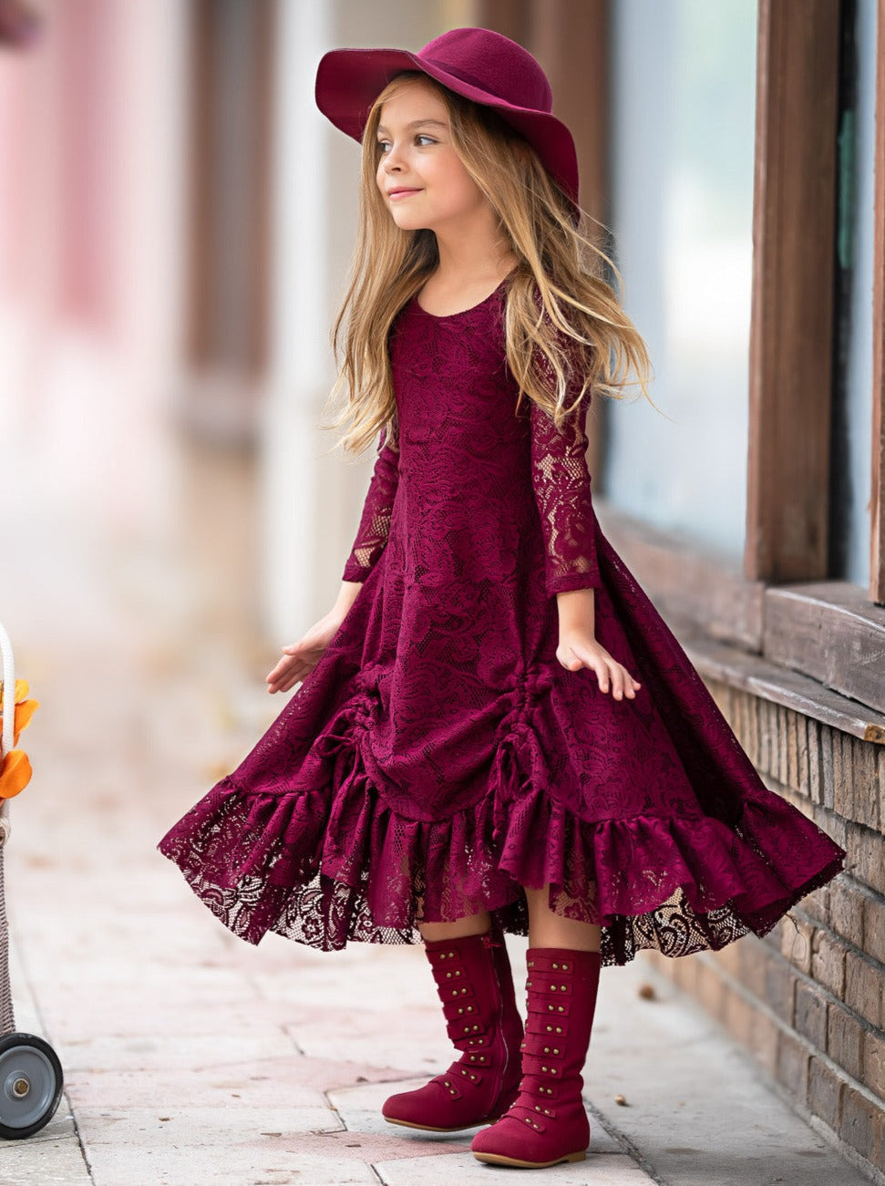 BURGUNDY HI-LO LACE DRESS