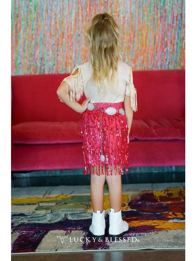 PINK SEQUIN TIER FRINGE SKIRT