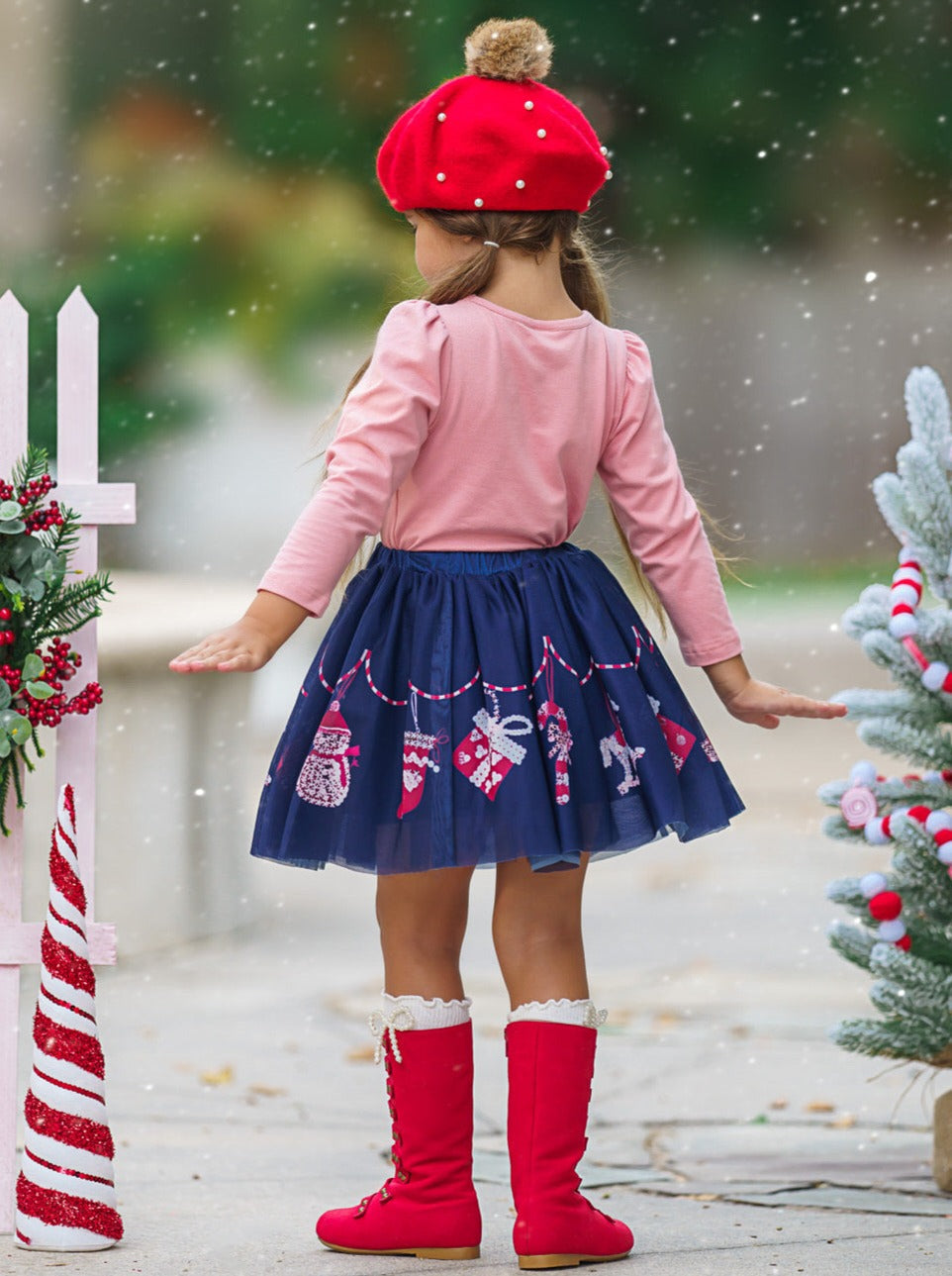 CUTEST COOKIE RUFFLE TOP AND CHRISTMAS PRINT SKIRT SET