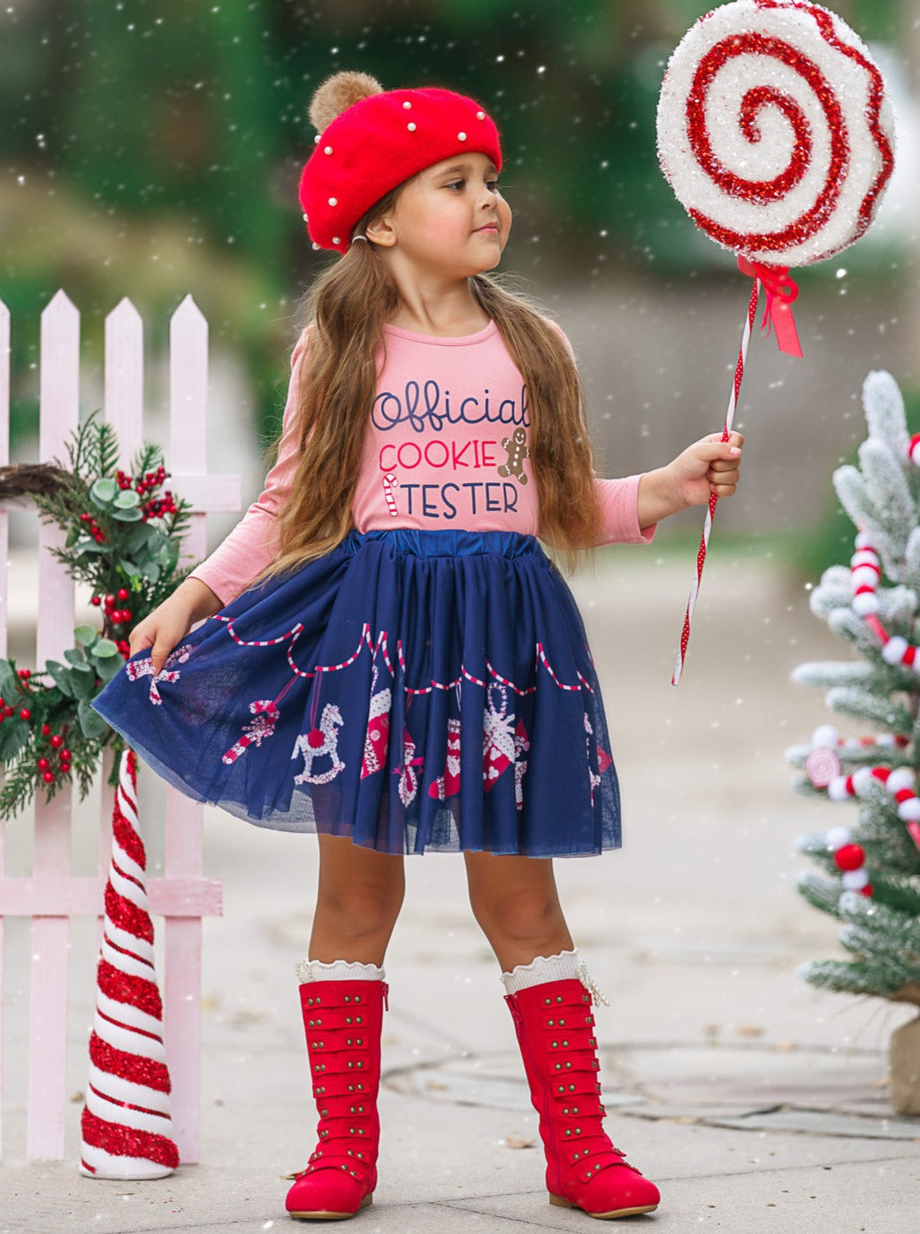 CUTEST COOKIE RUFFLE TOP AND CHRISTMAS PRINT SKIRT SET