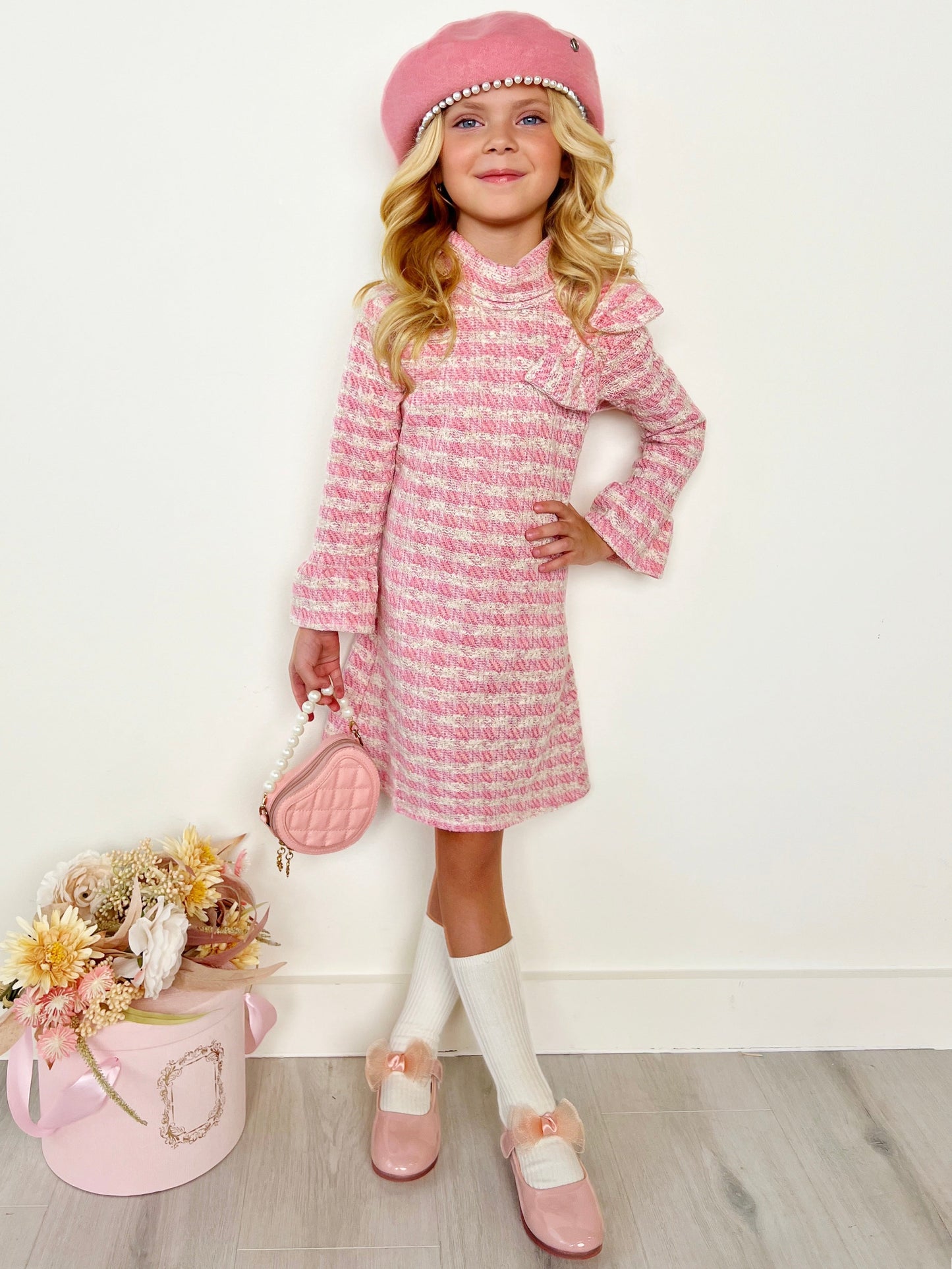 CHARMING CHECKERED TWEED PINK WITH ACCENT BOW DRESS