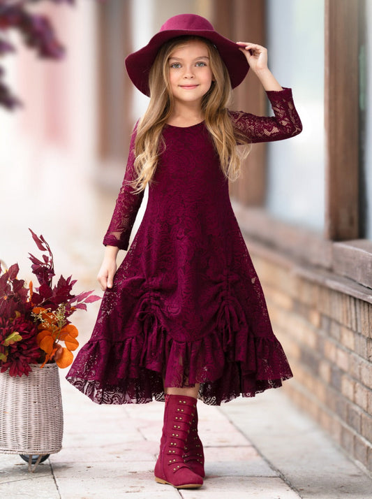 BURGUNDY HI-LO LACE DRESS