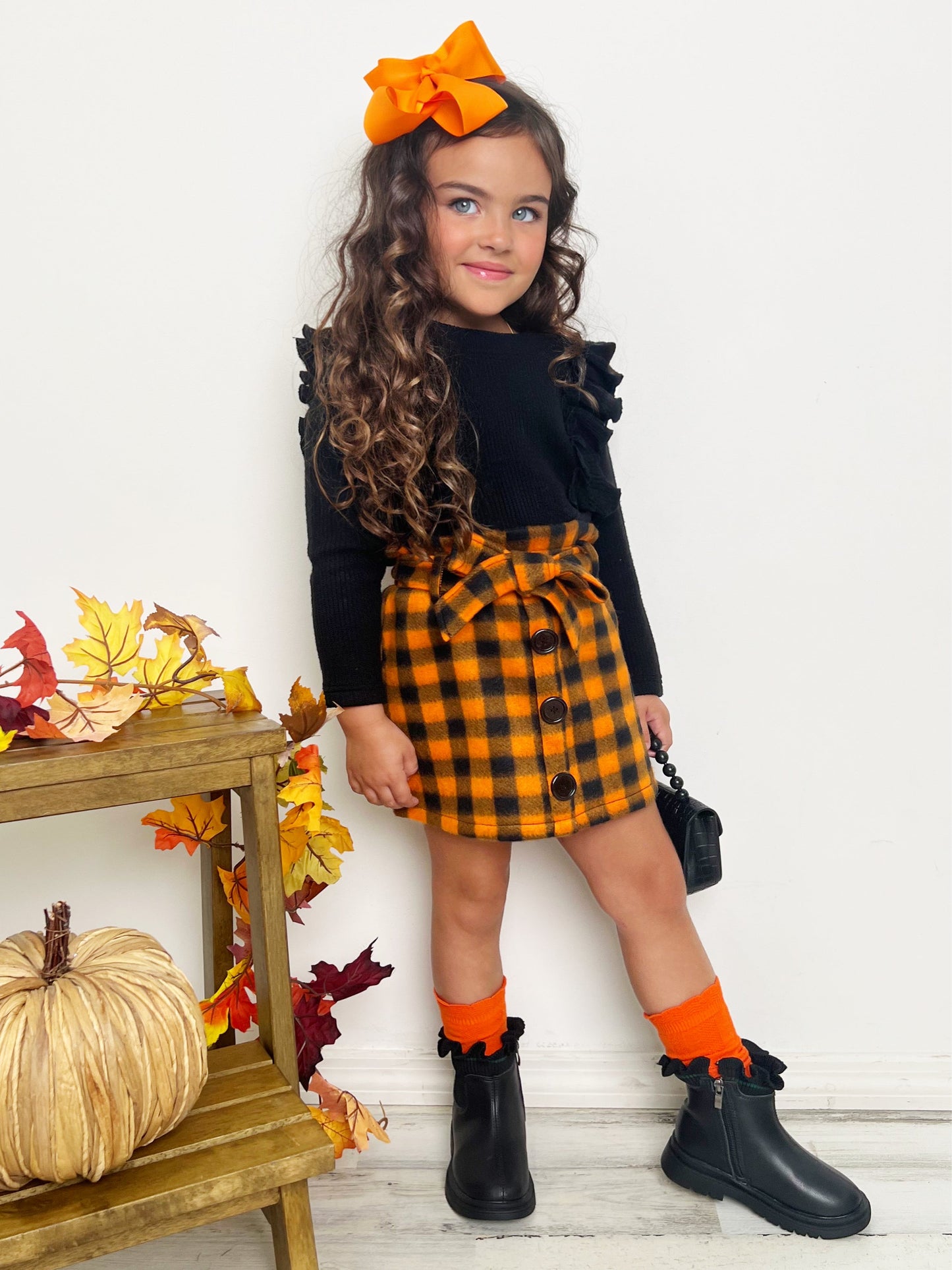 FEELS LIKE FALL RUFFLED TOP AND CHECKERED SKIRT SET