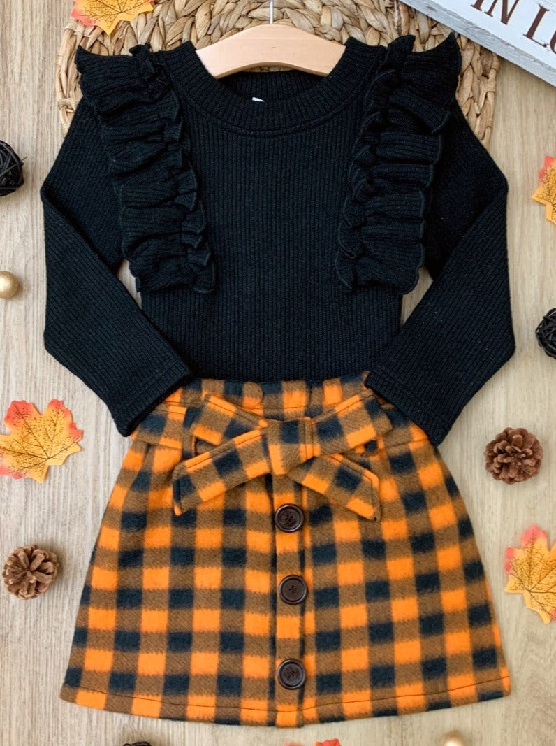 FEELS LIKE FALL RUFFLED TOP AND CHECKERED SKIRT SET