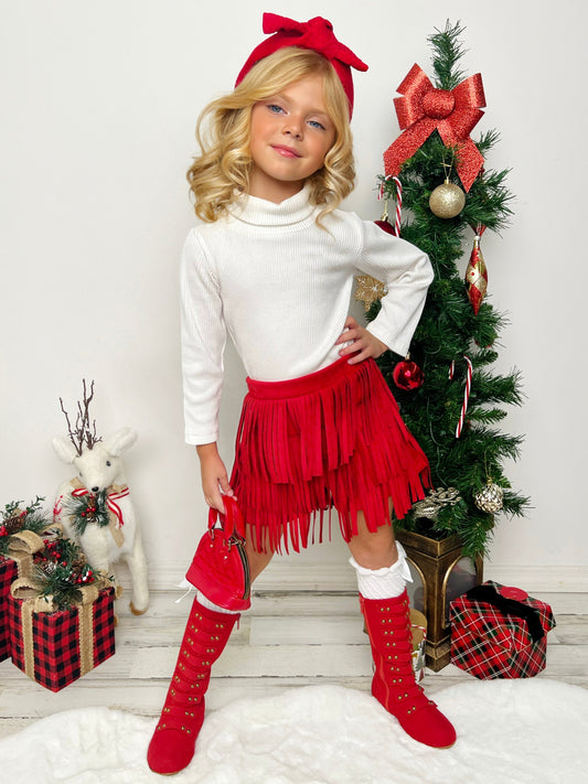 FRINGE AND FABULOUS RIB KNIT TURTLENECK AND RED FRINGE SKIRT SET