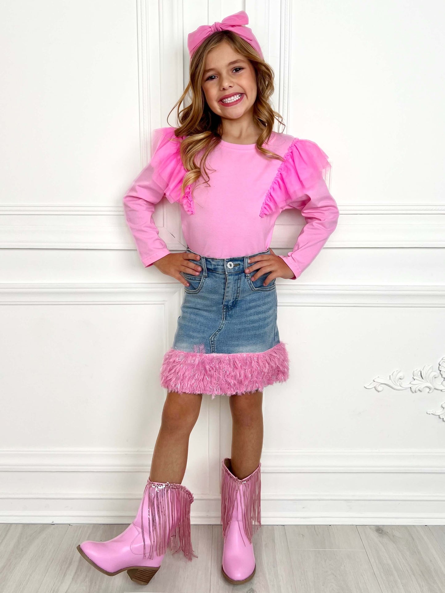 PINK RUFFLE TOP AND FEATHER TRIM DENIM SKIRT SET