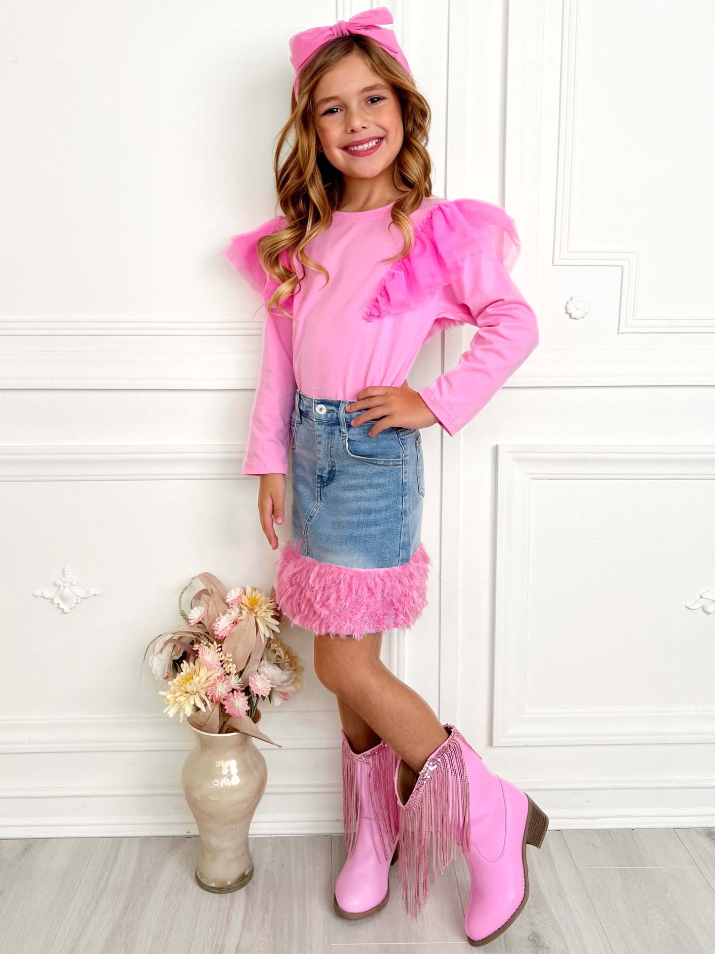 PINK RUFFLE TOP AND FEATHER TRIM DENIM SKIRT SET