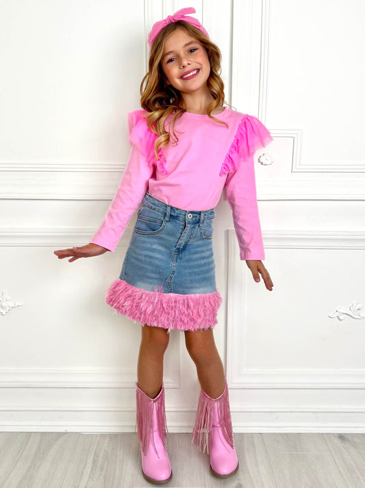 PINK RUFFLE TOP AND FEATHER TRIM DENIM SKIRT SET