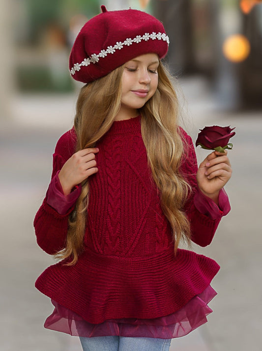 CUTE AS PIE CRANBERRY CABLE KNIT TUTU SWEATER