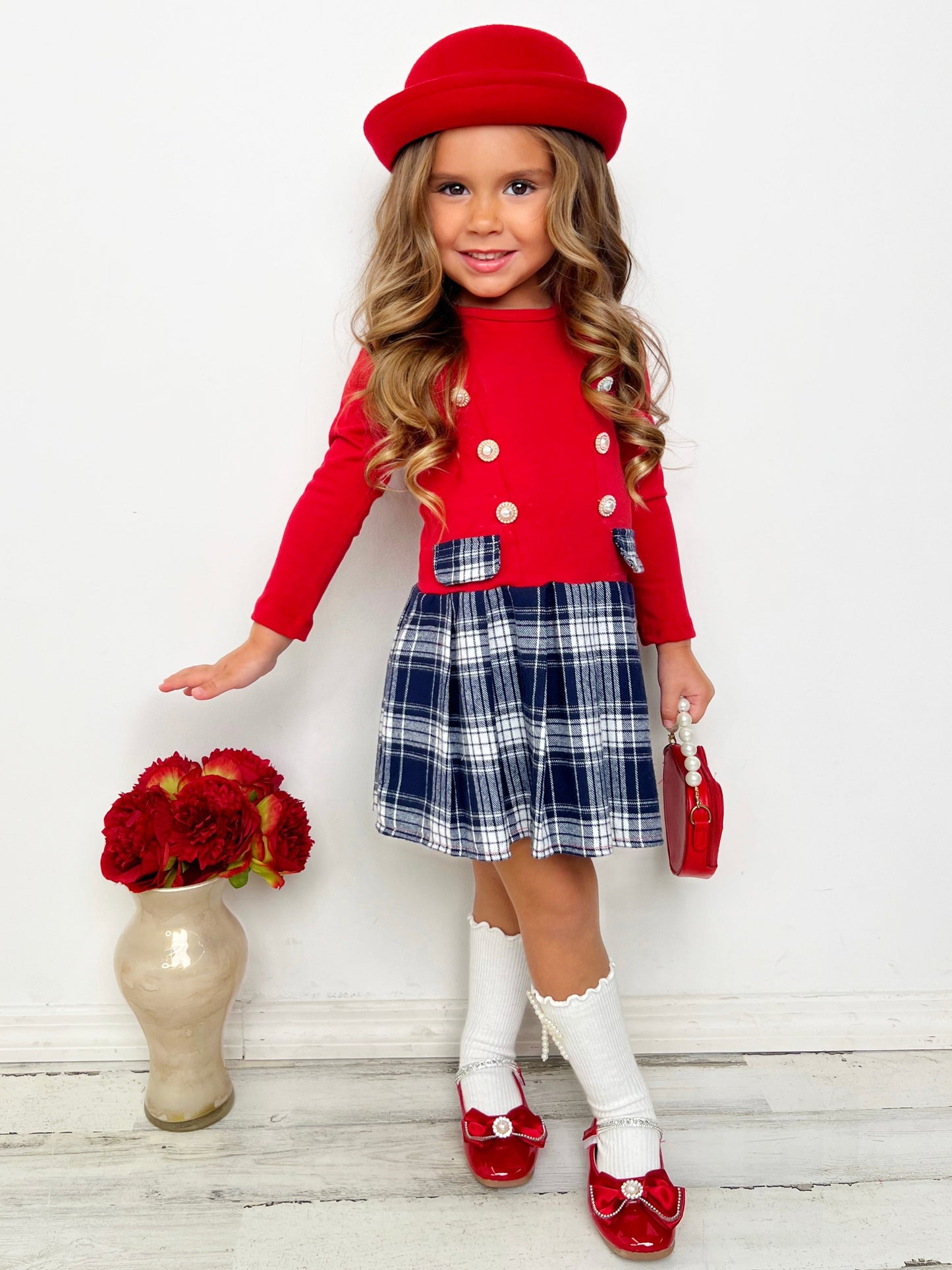 FESTIVE FLAIR LONG SLEEVE PLAID PLEATED DRESS