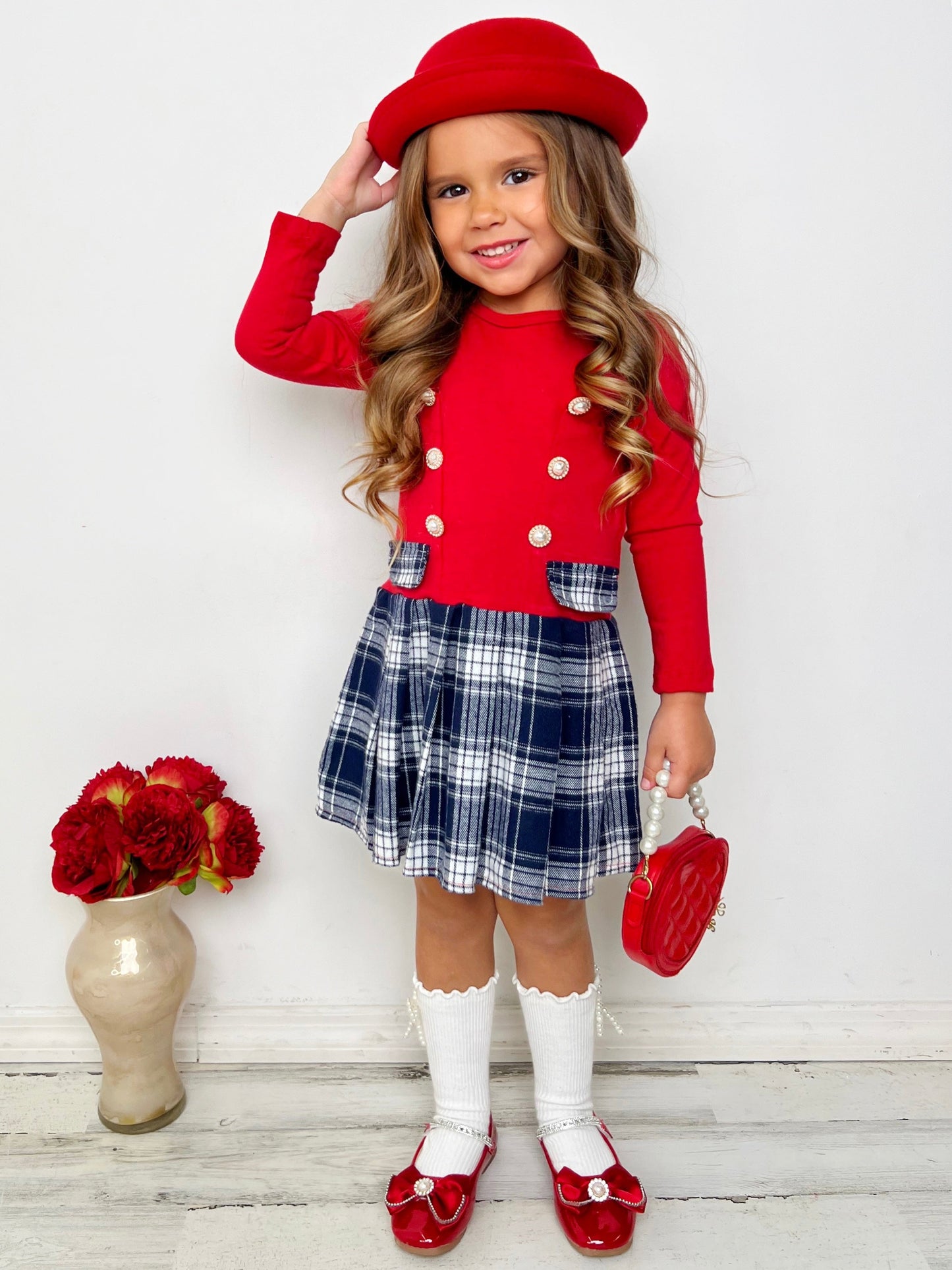 FESTIVE FLAIR LONG SLEEVE PLAID PLEATED DRESS