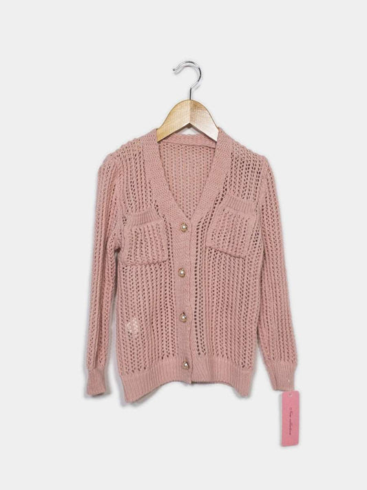 SOFT PINK OPEN KNIT PEARL CARDIGAN