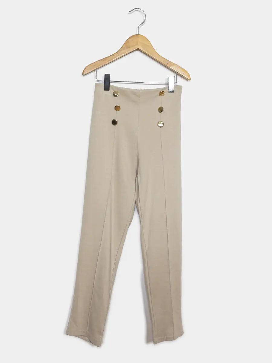 BEIGE HIGH RISE BUTTON PANTS