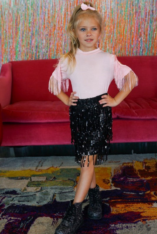 BLACK SEQUIN TIER FRINGE SKIRT