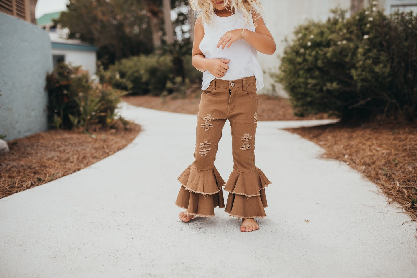 KHAKI DENIM RUFFLE PANTS