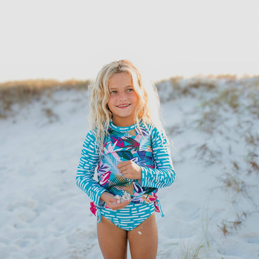 TEAL AND PINK TROPICAL RASH GUARD SWIMSUIT