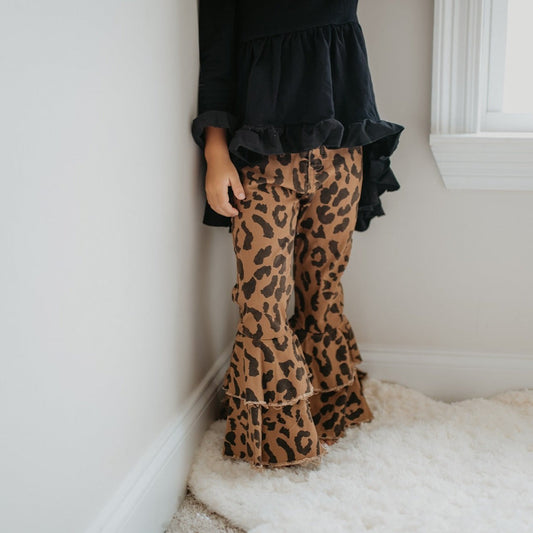 LEOPARD DOUBLE DENIM RUFFLE  PANTS