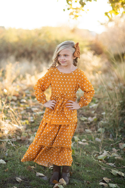 MUSTARD DOT TIERED DRESS