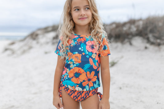 NAVY ORANGE RASH GUARD SWIMSUIT